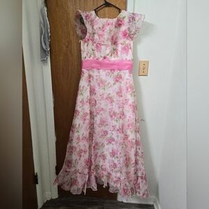 Floral Pink Chiffon Dress with Sash